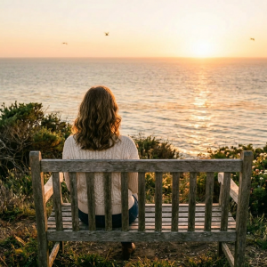 Woman sitting on wooden bench holding book, facing ocean at sunset